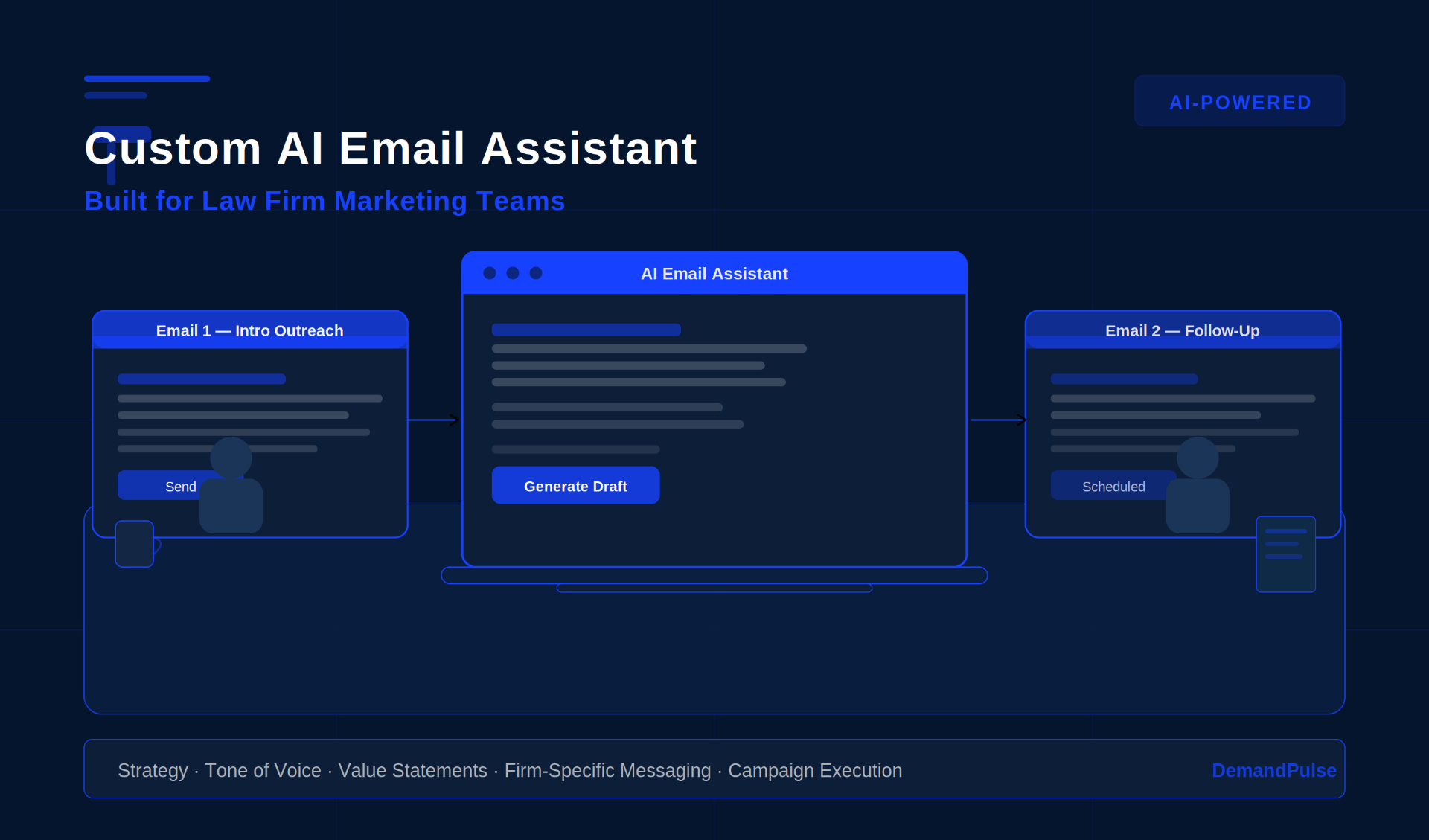 Law firm marketing team using a Custom AI Email Assistant — dark navy background with email sequence cards visible