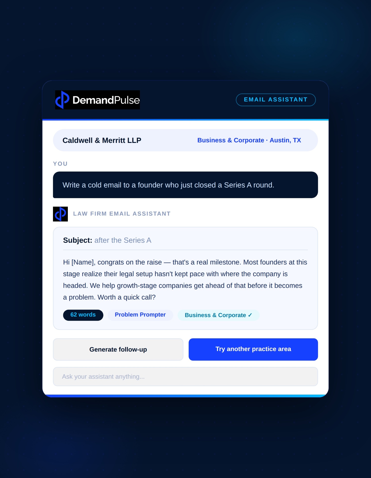 DemandPulse AI Email Assistant generating a cold email for a Business & Corporate law firm targeting a founder who just closed a Series A round