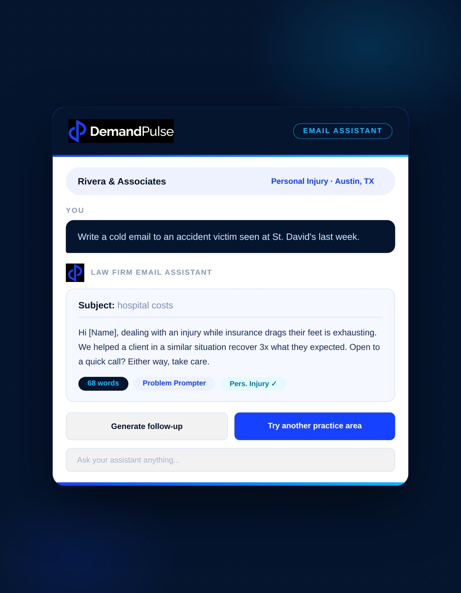 DemandPulse AI Email Assistant generating a cold email for a Personal Injury law firm targeting an accident victim
