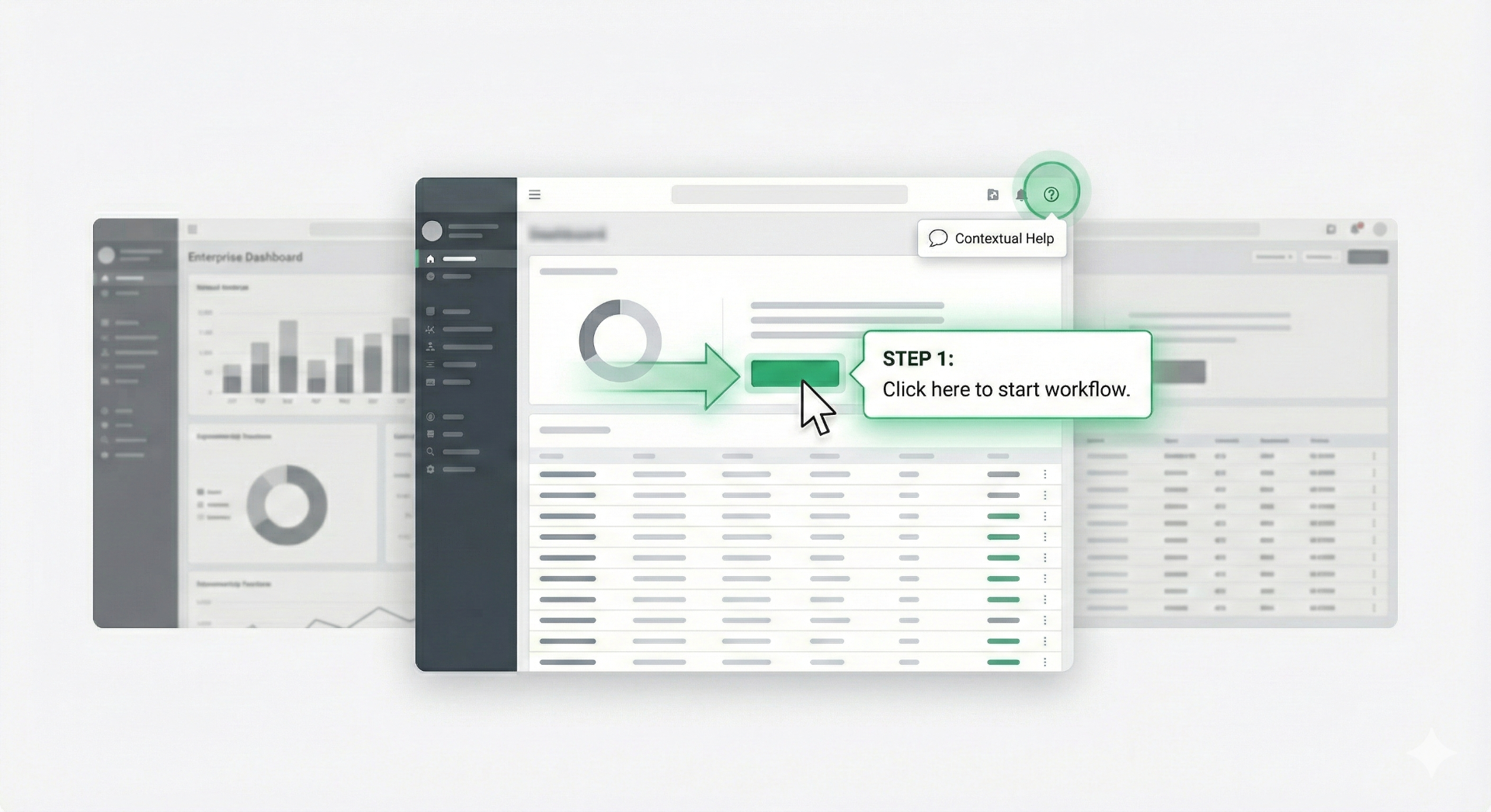 Digital adoption platform showing contextual help and step-by-step workflow guidance in an enterprise dashboard