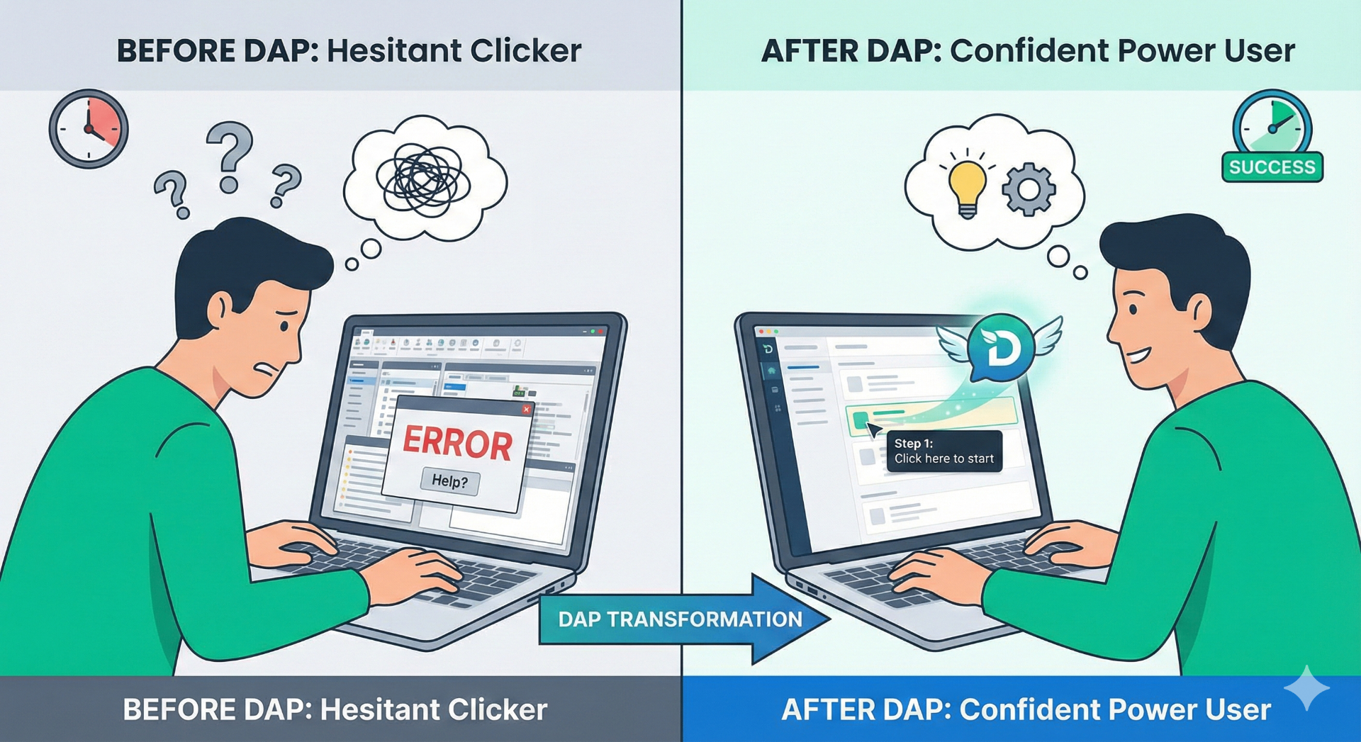 DAP Transformation comparison: Before DAP shows a hesitant clicker facing errors and confusion with slow progress, After DAP shows a confident power user with in-app guidance, clear steps, and success metrics