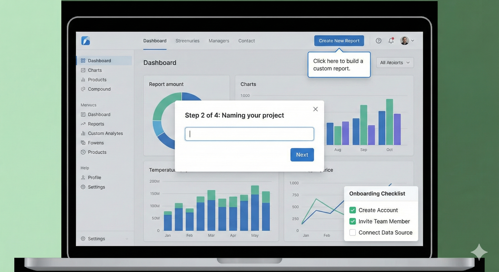 SaaS dashboard showing In-App Guidance elements including contextual tooltips for custom report building, interactive step-by-step walkthrough modal for naming projects, and onboarding checklist with progress tracking for user activation