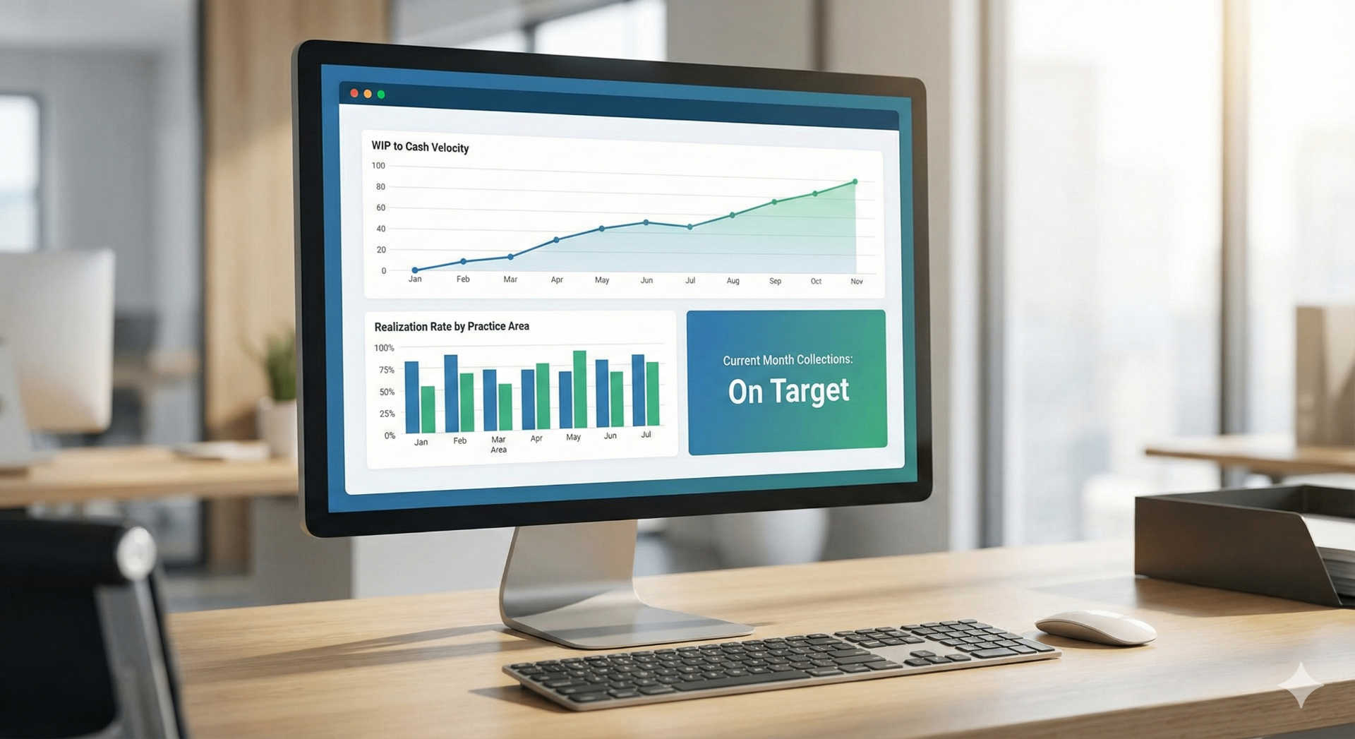 Law firm billing dashboard showing WIP to Cash Velocity and Realization Rate metrics