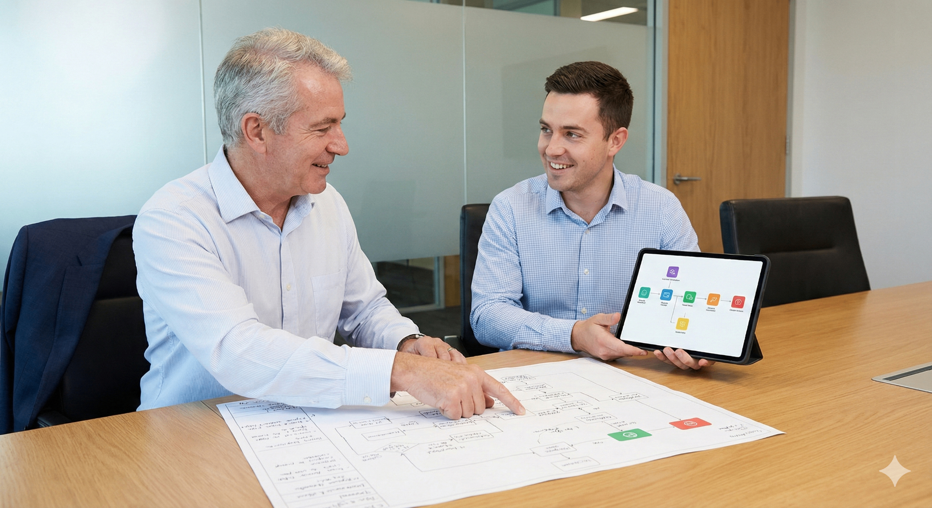 Legal tech operations partners discussing workflow mapping and system configuration