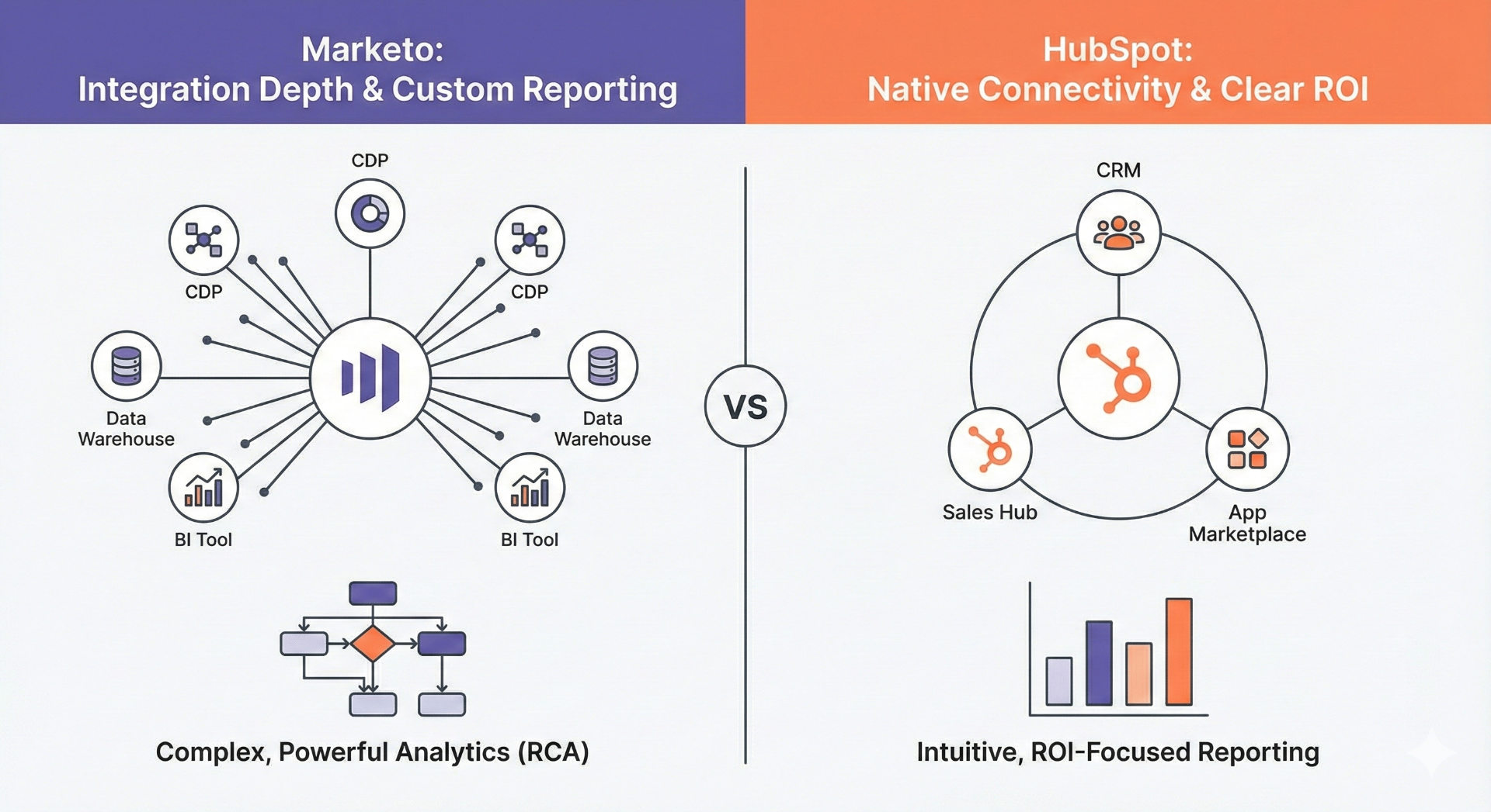 Marketo Integration Depth and Custom Reporting vs HubSpot Native Connectivity and Clear ROI