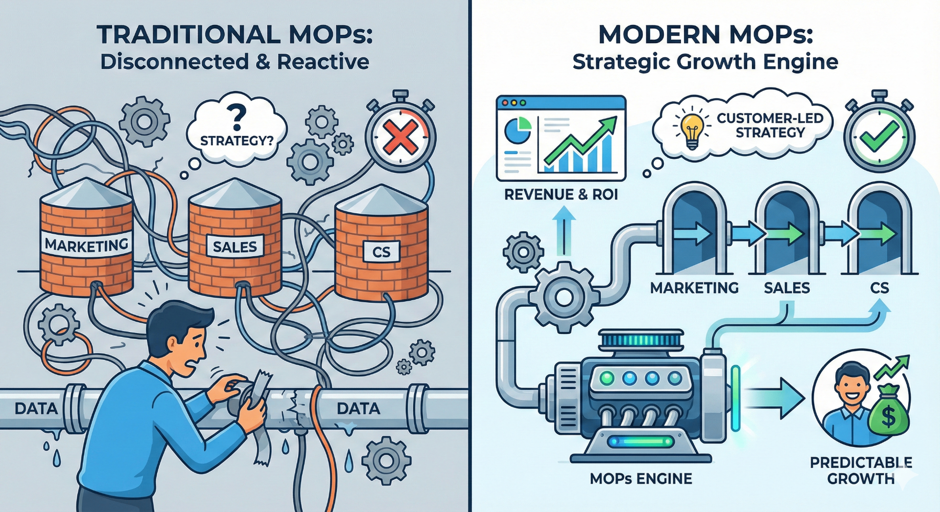 Traditional MOPs vs Modern MOPs comparison: Traditional shows disconnected and reactive silos between Marketing, Sales, and CS with tangled data pipes; Modern shows a strategic growth engine with aligned teams, customer-led strategy, and predictable revenue growth