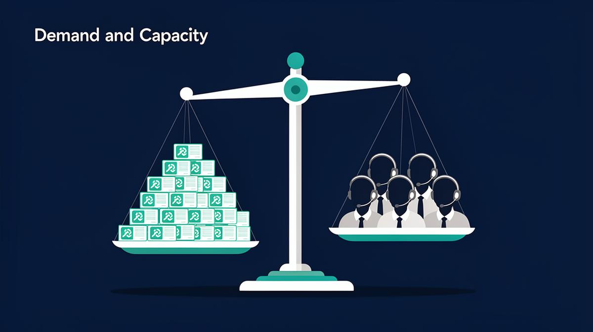 Balance scale showing support ticket demand on one side and agent capacity on the other, illustrating the need to right-size your support team