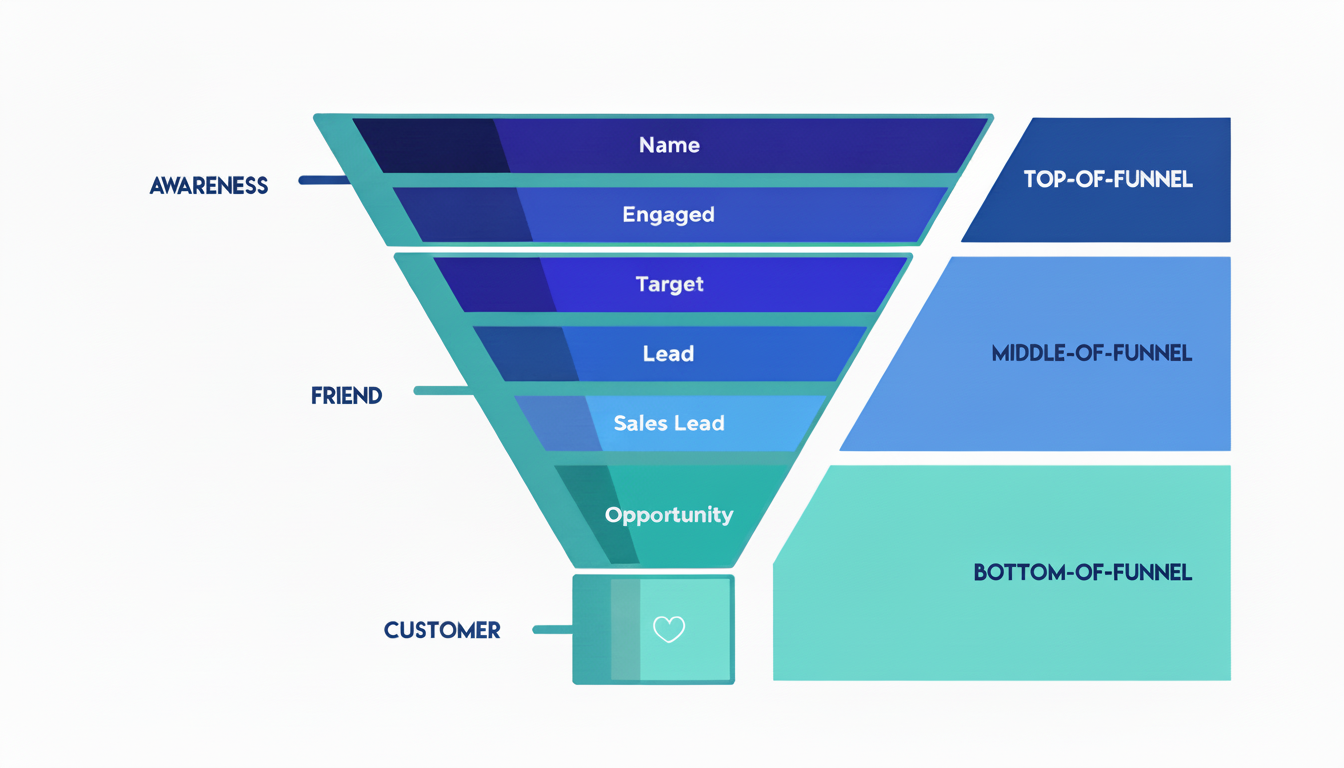 Sales funnel diagram showing the customer journey stages from awareness through engagement, targeting, leads, and opportunity to customer conversion