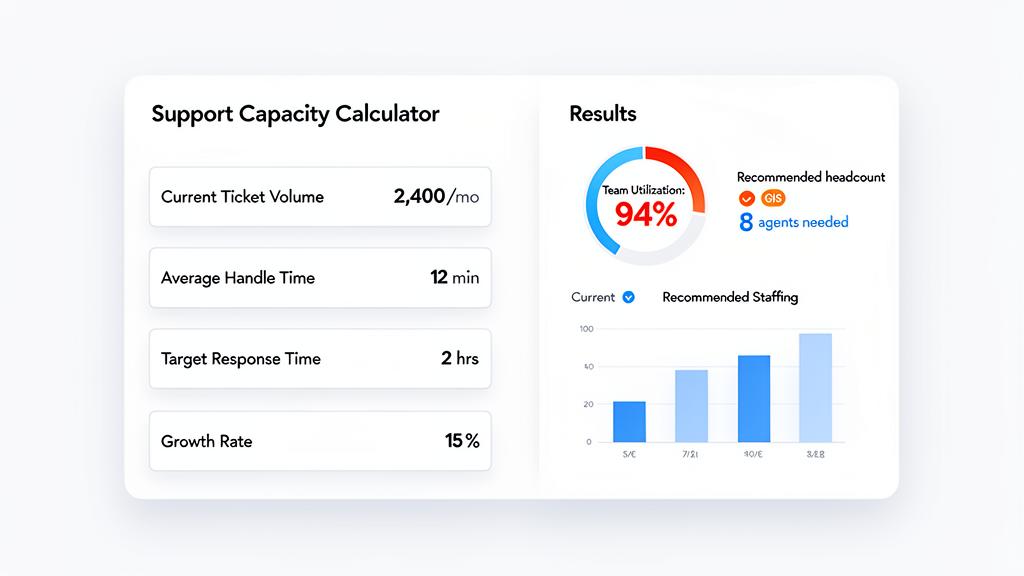 Free Support Capacity Calculator preview showing ticket volume inputs, team utilization gauge, and recommended staffing chart